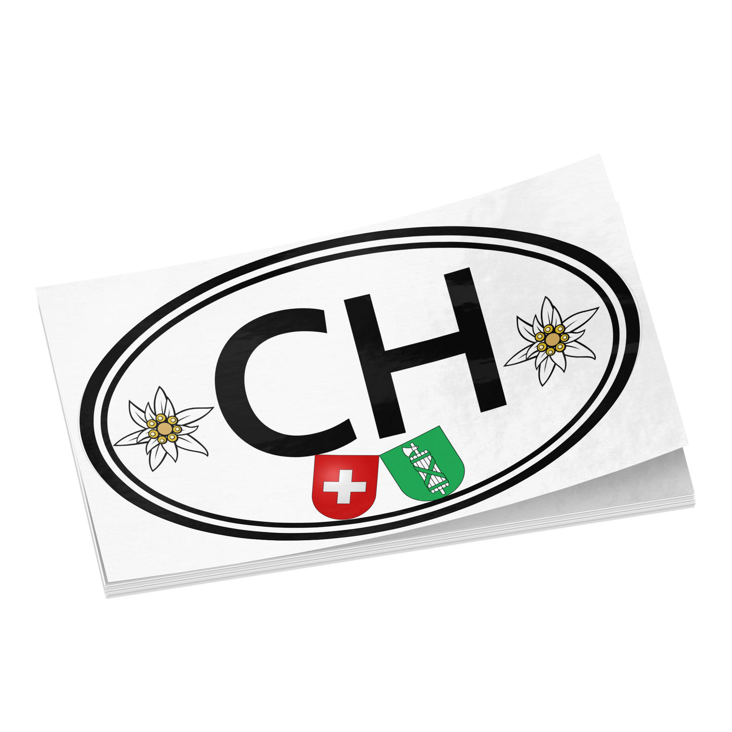 CH oval vinyl sticker with edelweiss and St. Gallen design