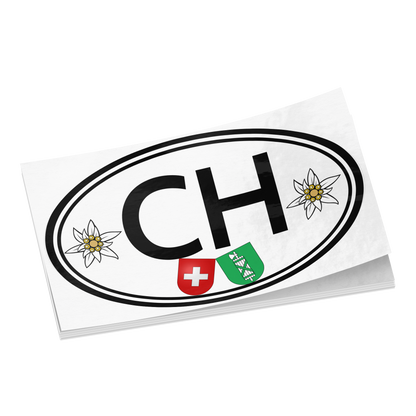 CH oval vinyl sticker with edelweiss and St. Gallen design