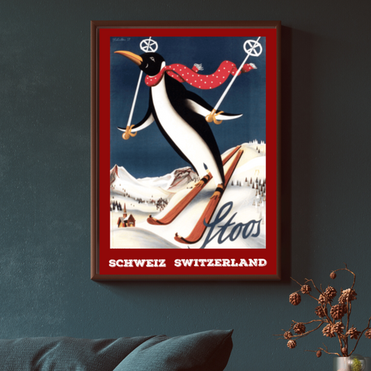 Vintage poster showcasing the snowy landscape of Stoos, Switzerland, set against the backdrop of the stunning Swiss Alps, capturing the enduring charm of this picturesque winter destination