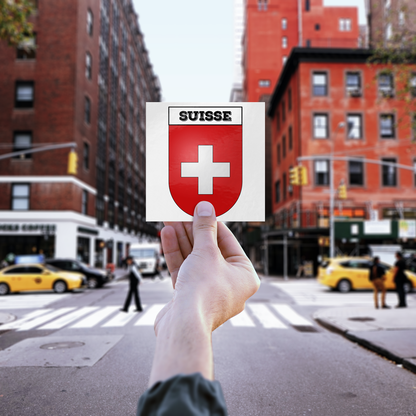Suisse-Close-up of Suisse Coat of Arms vinyl sticker showing crisp print quality and white finish