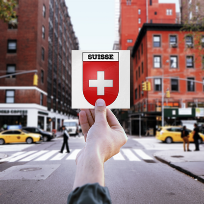 Suisse-Close-up of Suisse Coat of Arms vinyl sticker showing crisp print quality and white finish