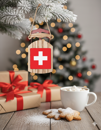 Swiss Flag Sled Ornament 🇨🇭 Rustic Alpine Christmas Tree Decoration