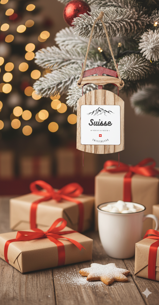 Holiday tree decoration rustic sled with Switzerland souvenir design