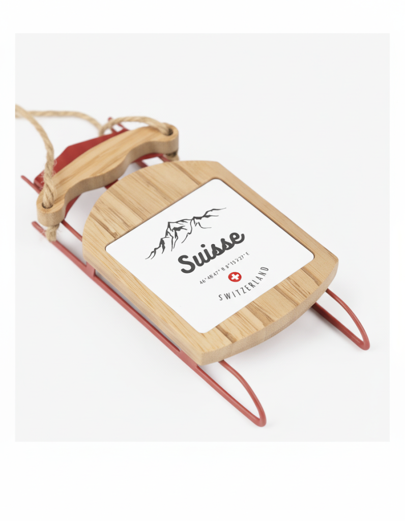 Wooden Suisse sled ornament featuring Swiss Alps and red Swiss cross