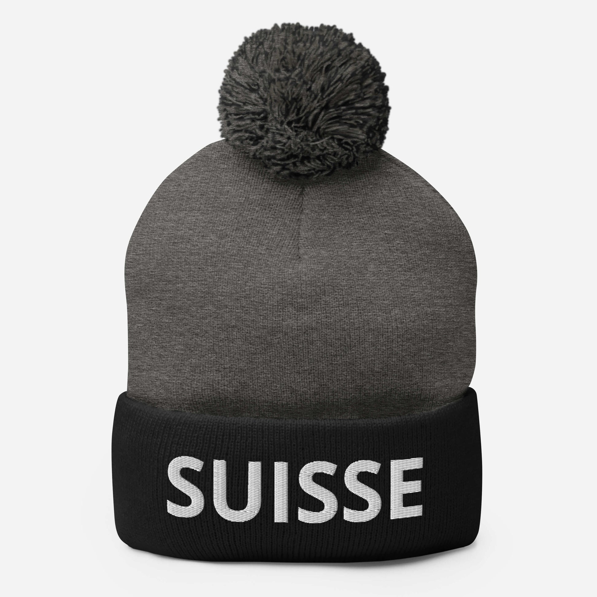 Suisse pom-pom beanie in dark heather gray and black with embroidered text 🇨🇭❄️