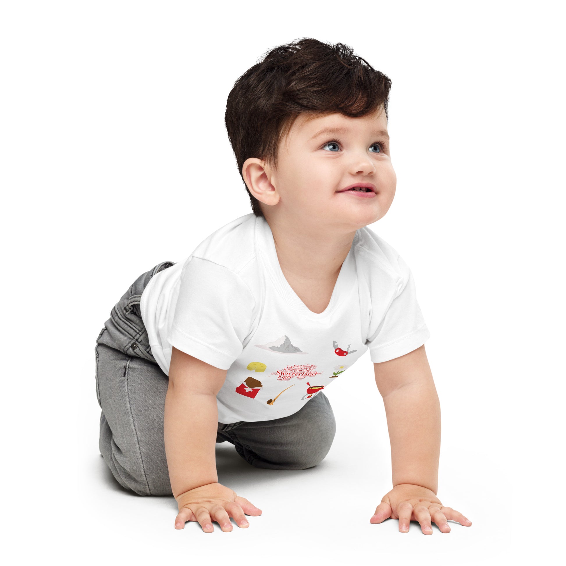 Colorful Swiss baby tee with Edelweiss and Matterhorn