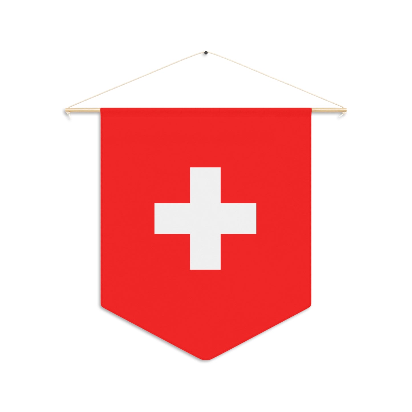 Switzerland flag pennant with red field and white cross, 18x21 inches, hanging on wall with wooden dowel and twine