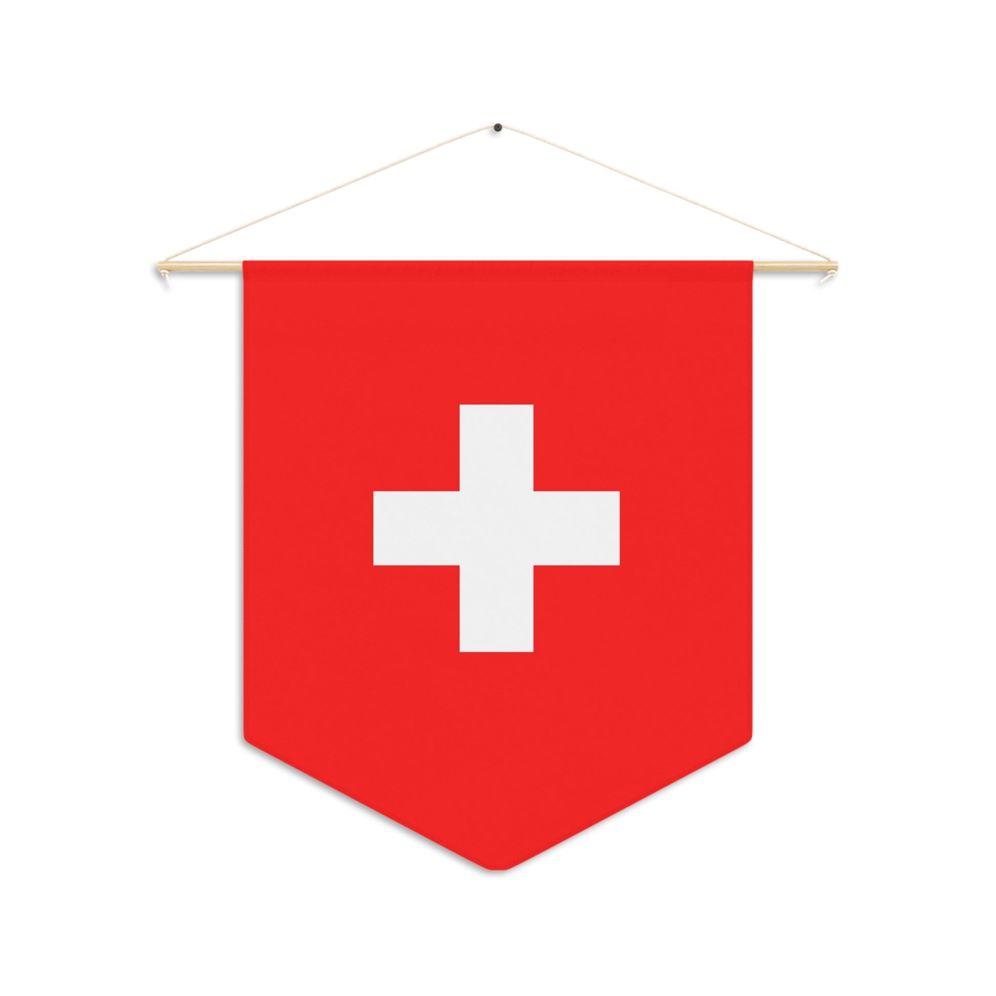 Switzerland flag pennant with red field and white cross, 18x21 inches, hanging on wall with wooden dowel and twine