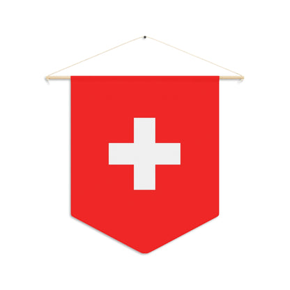 Switzerland flag pennant with red field and white cross, 18x21 inches, hanging on wall with wooden dowel and twine