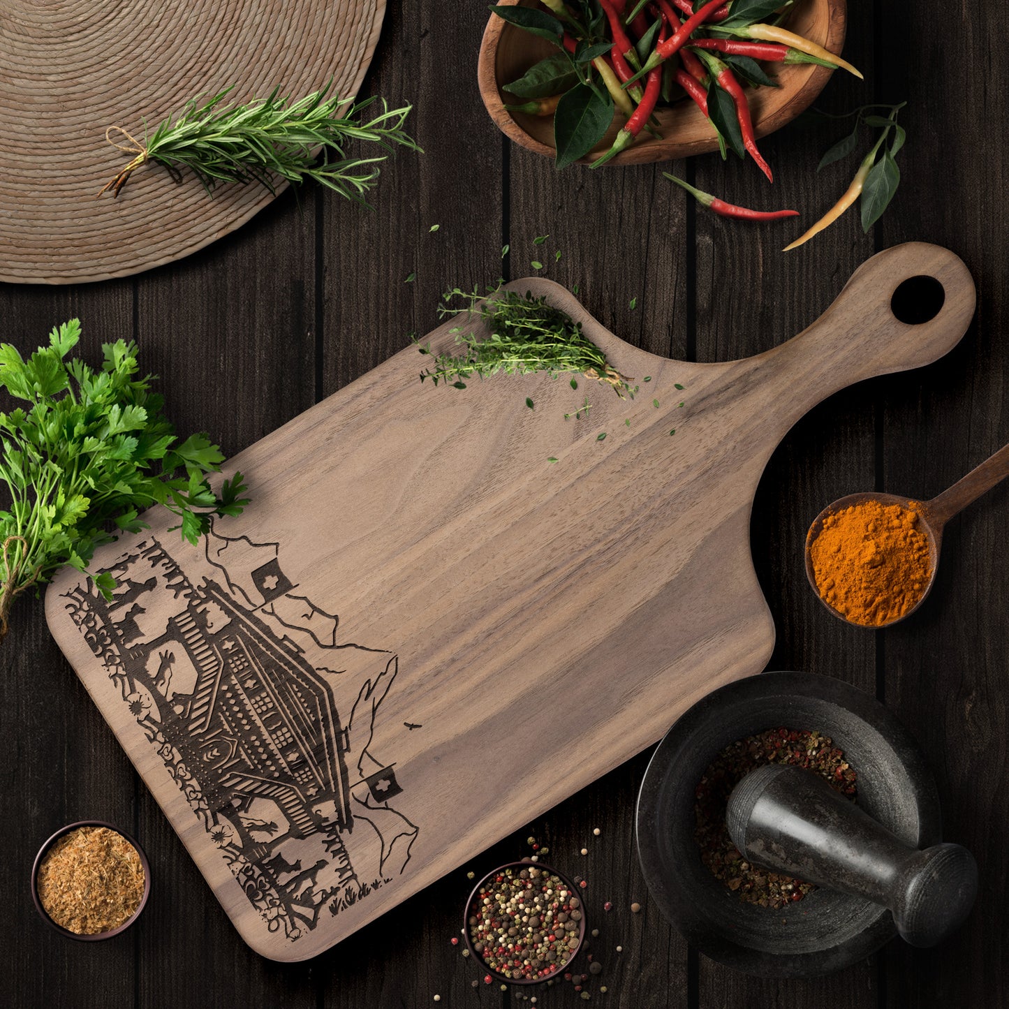 🏔️ Swiss Chalet Mountain Scene Cutting Board – Add Alpine Beauty to Your Kitchen! 🌲