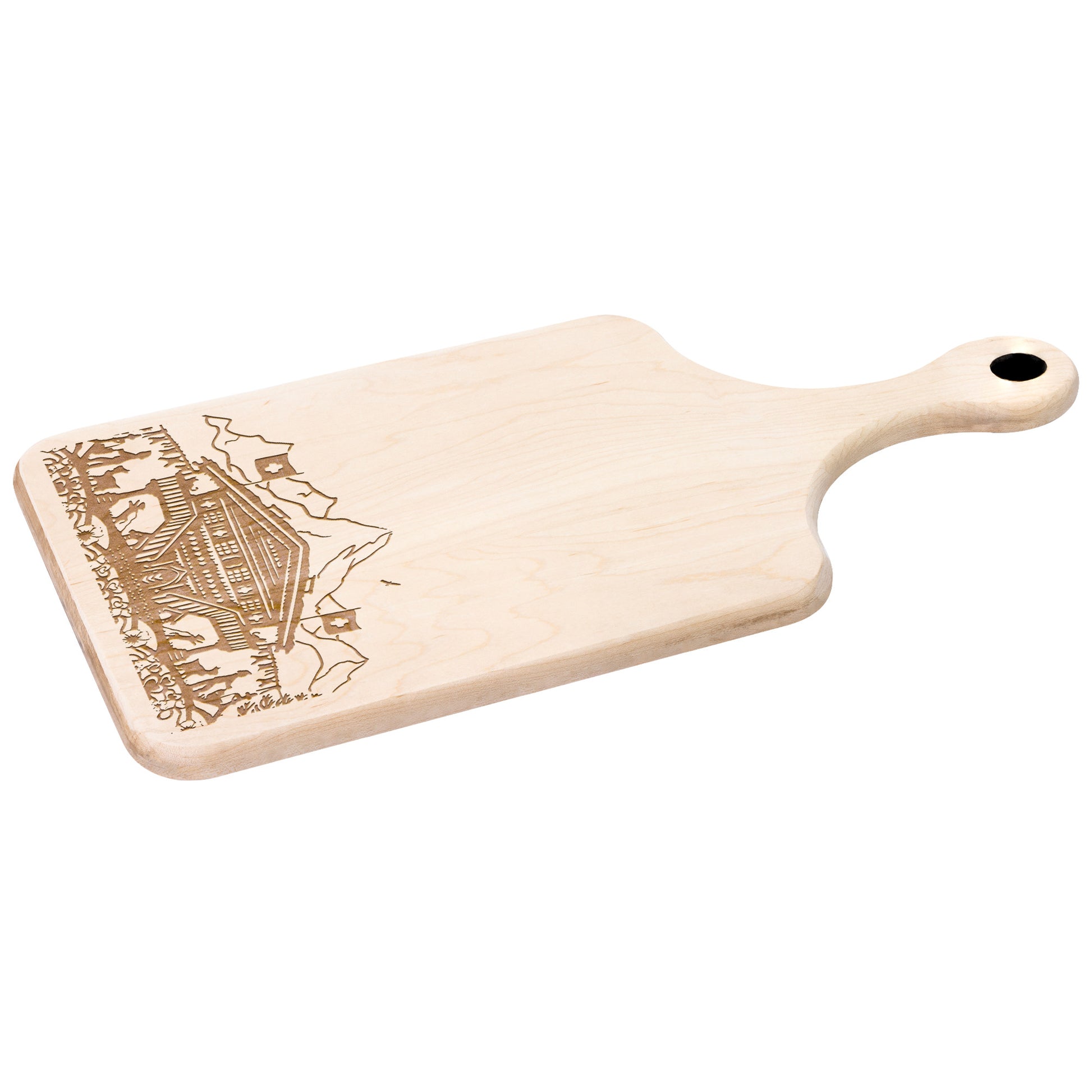 Swiss Chalet mountain scene cutting board with engraved Alpine landscape