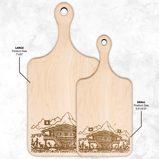 Swiss Alps inspired  cutting board with chalet and nature engraving