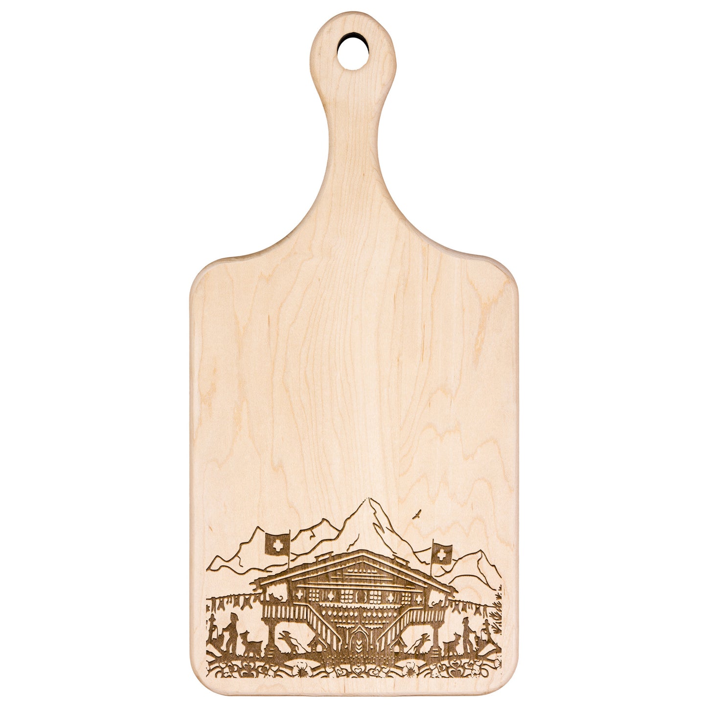 Rustic Swiss Alps cutting board with chalet and nature engraving