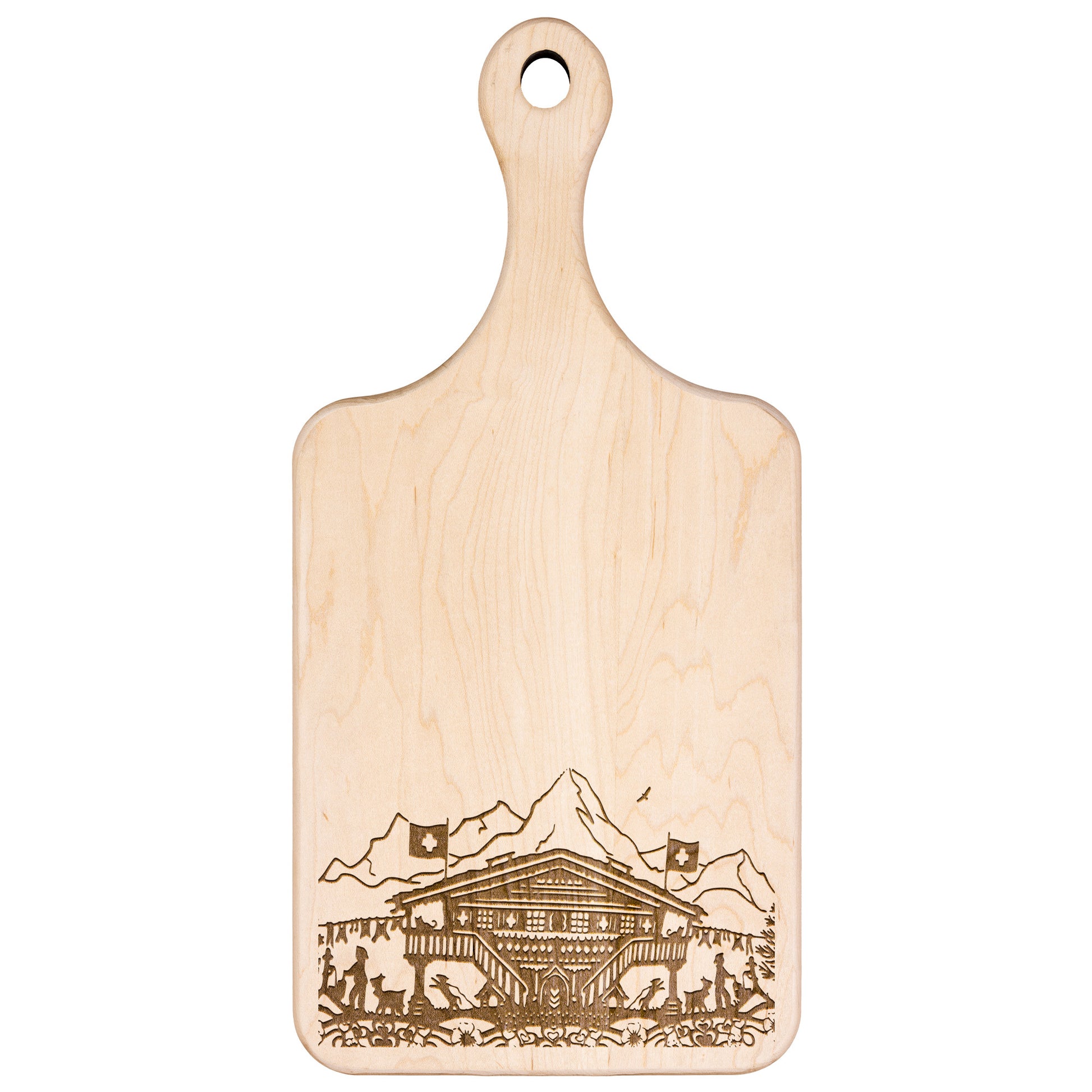 Rustic Swiss Alps cutting board with chalet and nature engraving