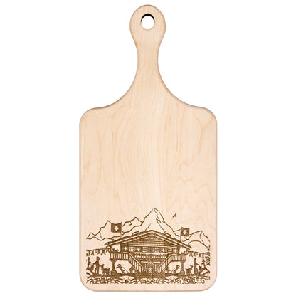 Rustic Swiss Alps cutting board with chalet and nature engraving