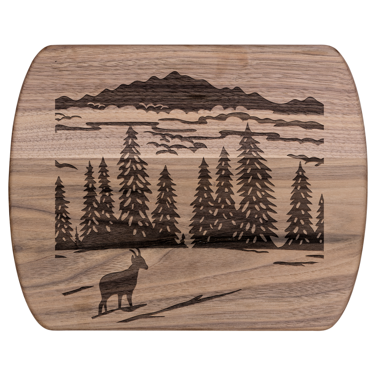Premium Swiss-inspired cutting board featuring alpine chamois papercut design, perfect for nature lovers and kitchen enthusiasts