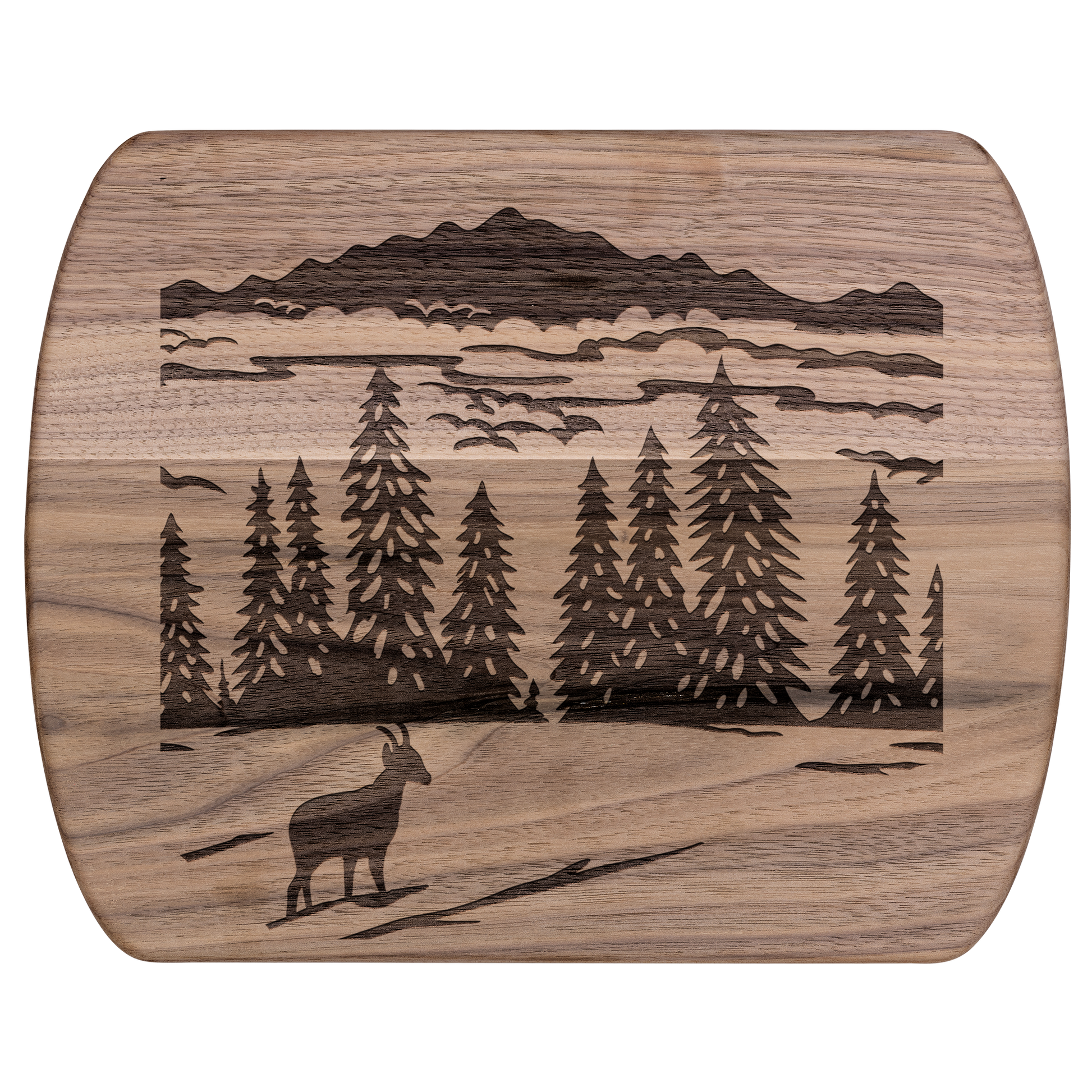 Premium Swiss-inspired cutting board featuring alpine chamois papercut design, perfect for nature lovers and kitchen enthusiasts