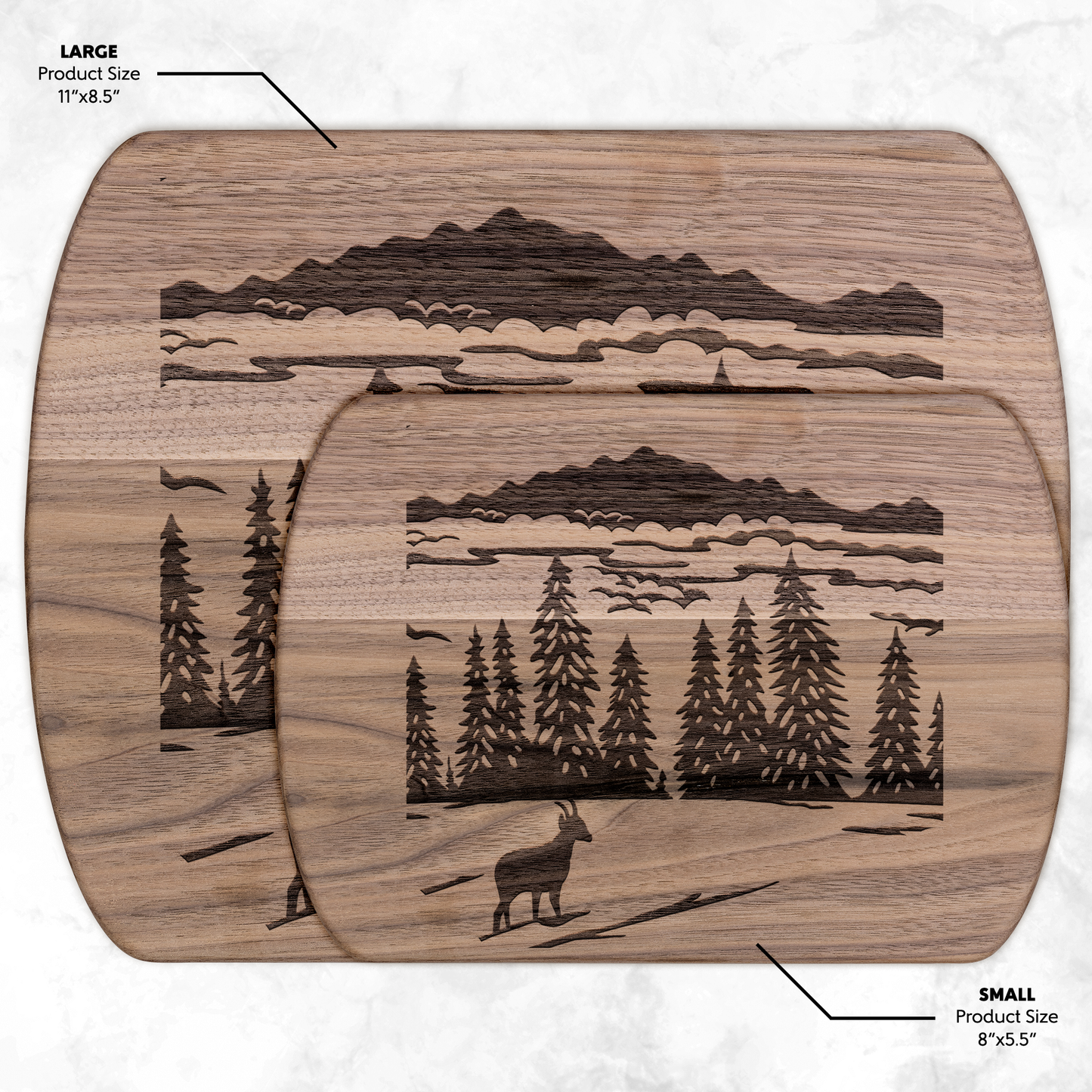 Elegant cutting board with Swiss chamois silhouette design inspired by Jura Vaudois Nature Park in Lake Geneva Region