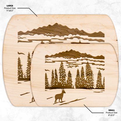 Handcrafted cutting board showcasing Swiss Alps chamois artwork, ideal gift for Switzerland travelers and mountain lovers