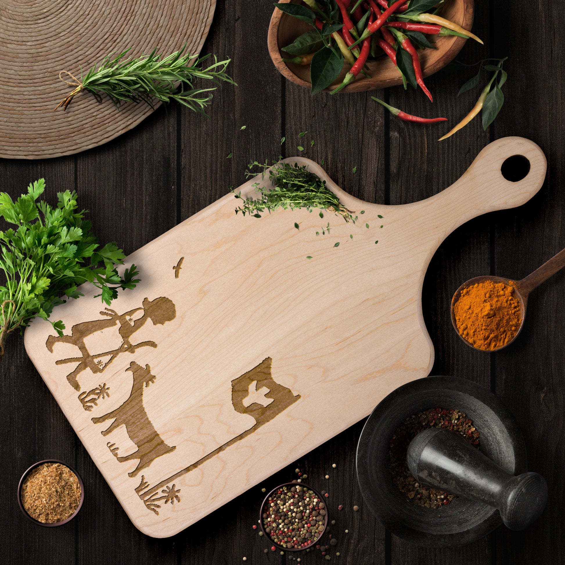 Premium wooden cutting board featuring a Swiss-inspired engraved design of the Swiss flag