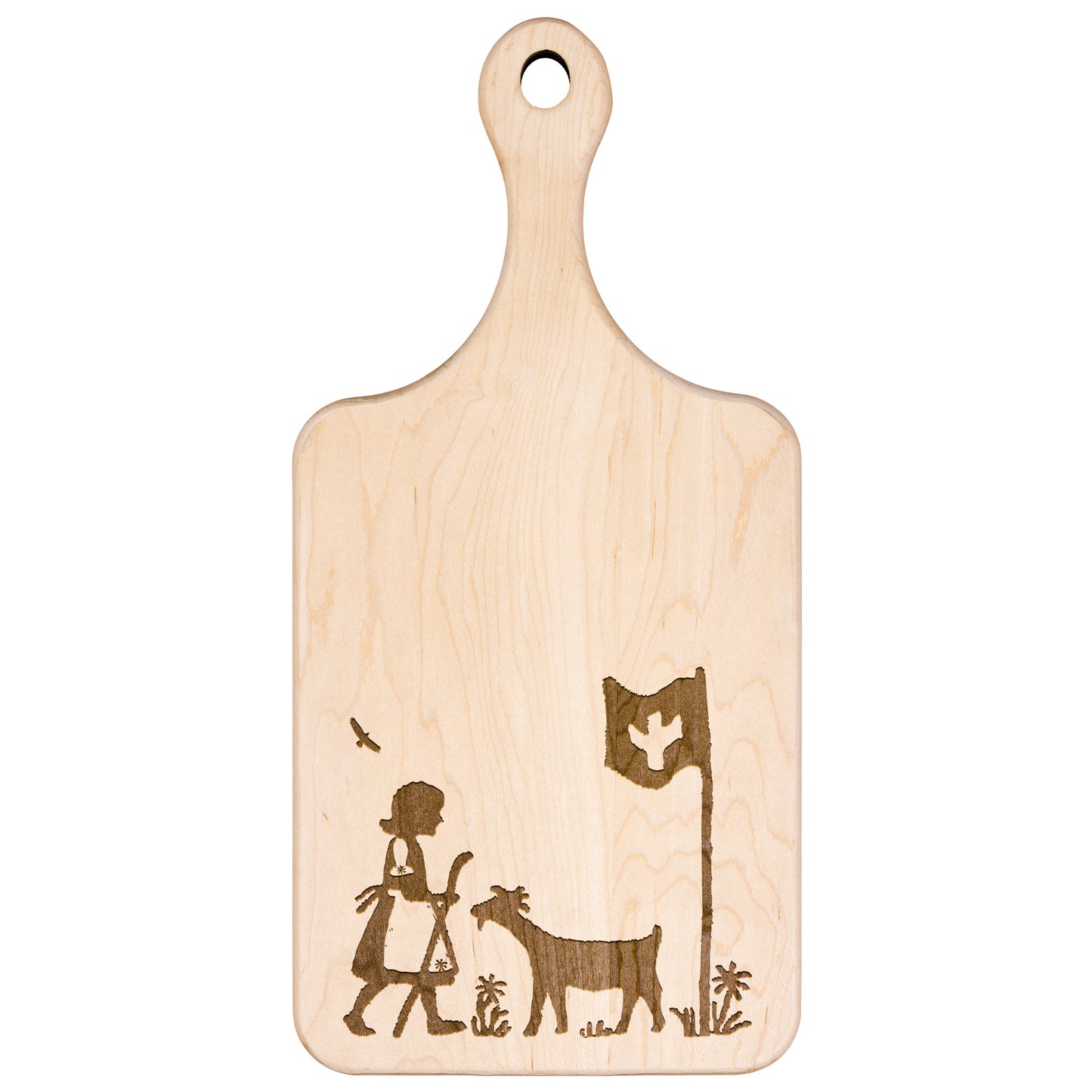 Beautifully engraved wooden cutting board showcasing a Swiss alpine scene and flag
