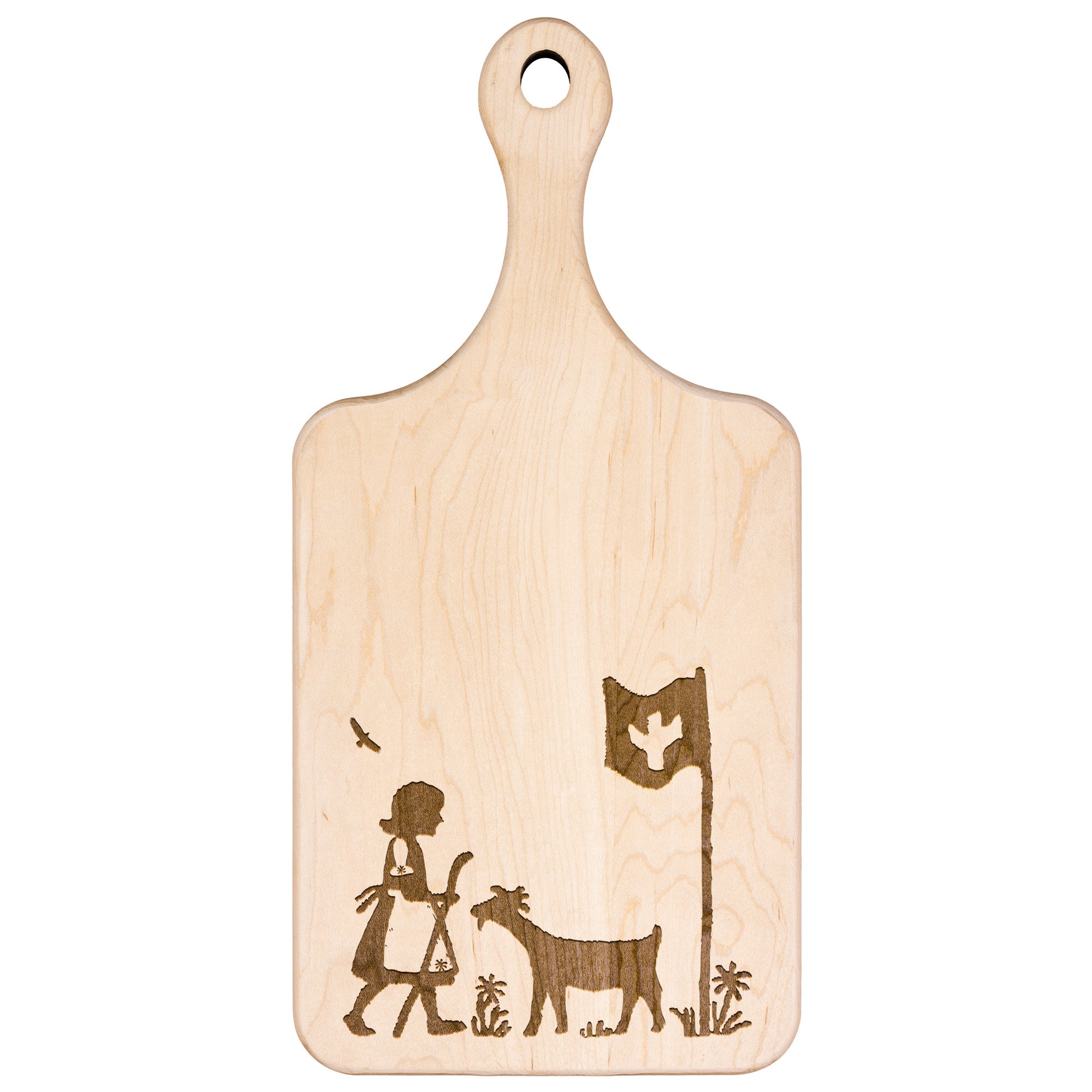 Beautifully engraved wooden cutting board showcasing a Swiss alpine scene and flag