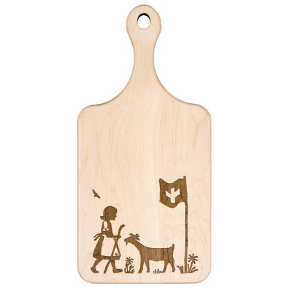Beautifully engraved wooden cutting board showcasing a Swiss alpine scene and flag