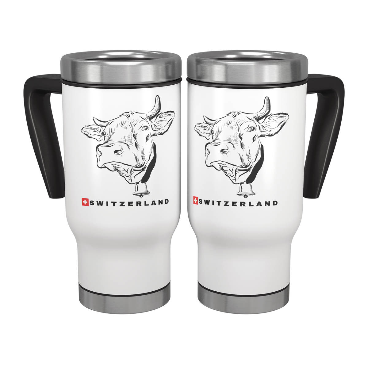 White insulated Switzerland travel mugs featuring a sketched Swiss cow