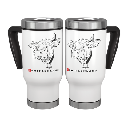 White insulated Switzerland travel mugs featuring a sketched Swiss cow