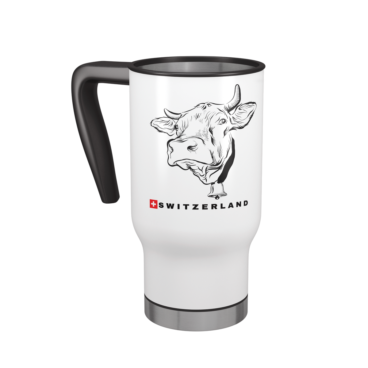 Angled view of Swiss cow Switzerland travel mug perfect swiss souvenir