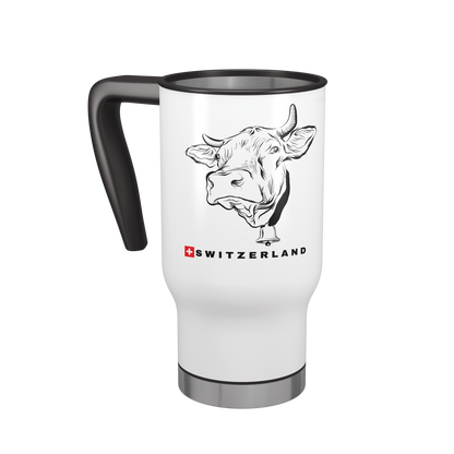 Angled view of Swiss cow Switzerland travel mug perfect swiss souvenir