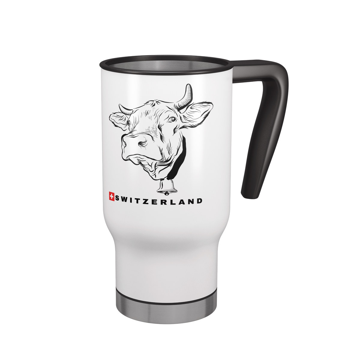 Front view of white 14 oz Swiss cow travel mug with black handle