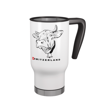 Front view of white 14 oz Swiss cow travel mug with black handle