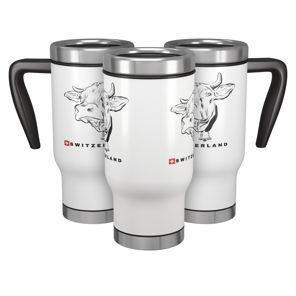 white Swiss cow travel mugs with black handles and Switzerland artwork