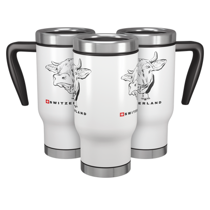 white Swiss cow travel mugs with black handles and Switzerland artwork