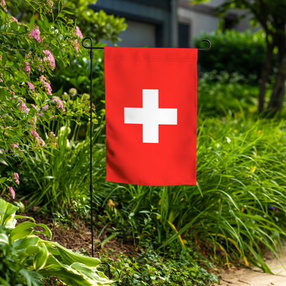 Swiss Fans garden flag with metal stand – 36 inch display stand, double-sided Swiss flag for front yard