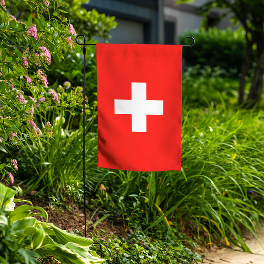 Swiss Fans garden flag with metal stand – 36 inch display stand, double-sided Swiss flag for front yard