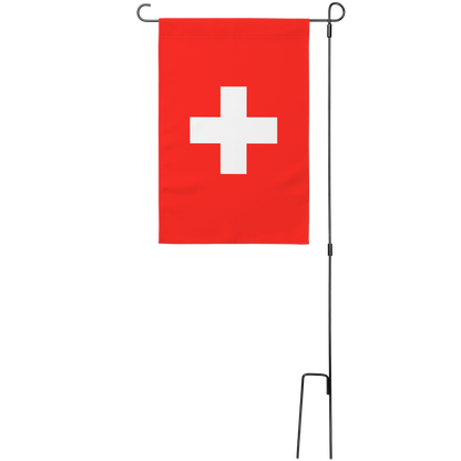 Switzerland patriotic garden flag on stand – Swiss cross design, weather-resistant polyester, ready to display