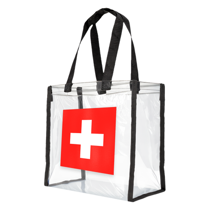 Swiss themed Clear bag meeting stadium and concert venue policies, side view