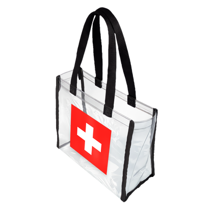 Clear stadium bag with structured shape and easy-carry handles for Swiss fans