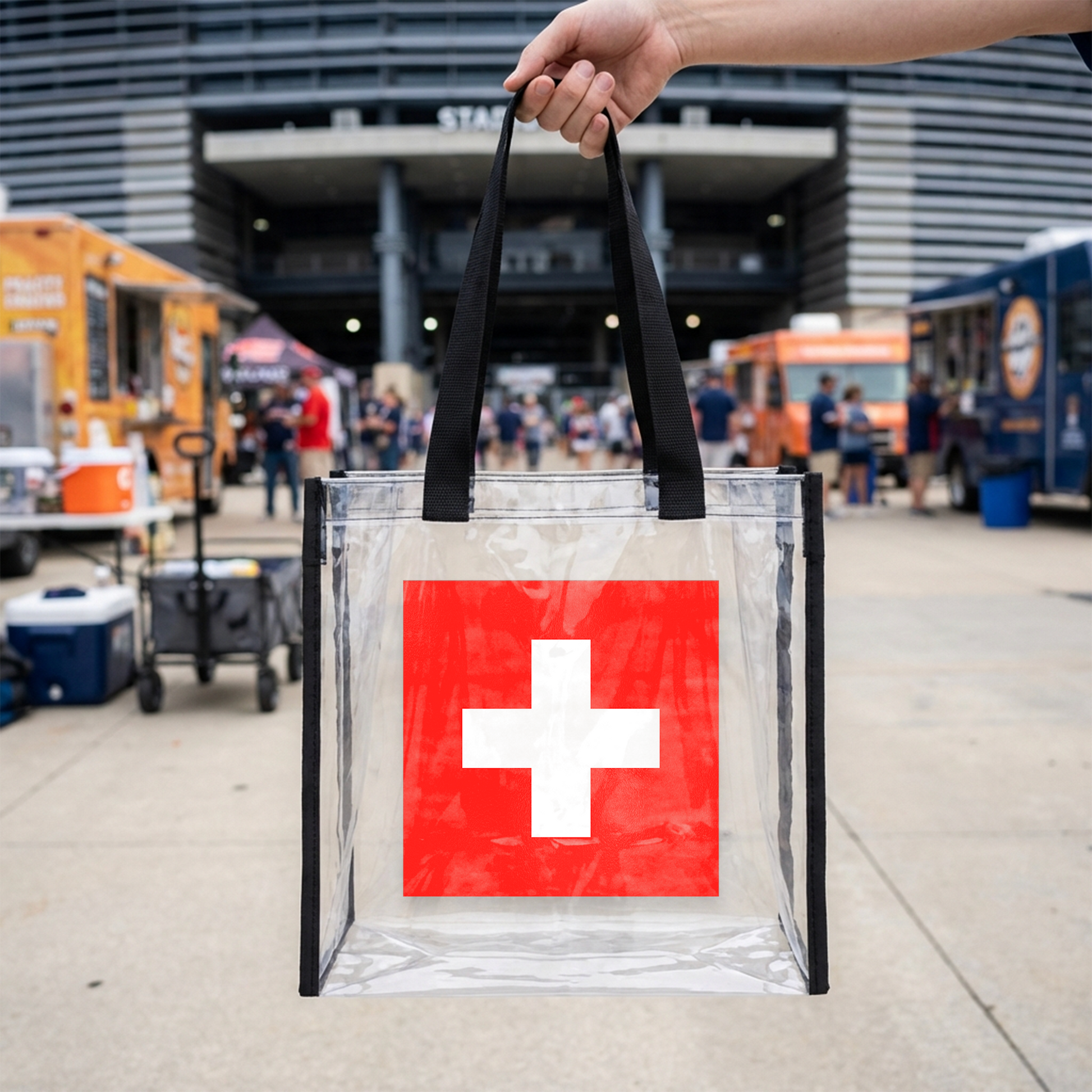 Venue approved transparent stadium bag for Swiss sports fans