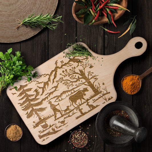 Cutting board featuring Swiss Alps and farmer