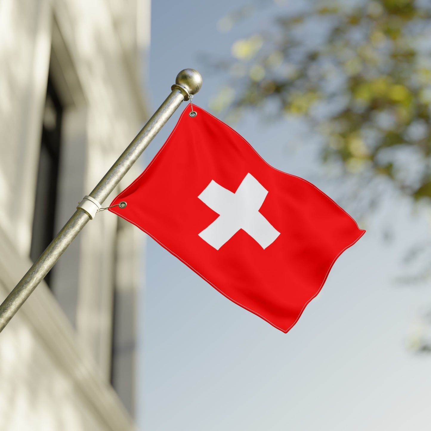 Double-sided Switzerland flag with red field and white cross, size 12x18 inches, displayed outdoors