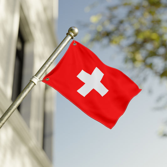Double-sided Switzerland flag with red field and white cross, size 12x18 inches, displayed outdoors