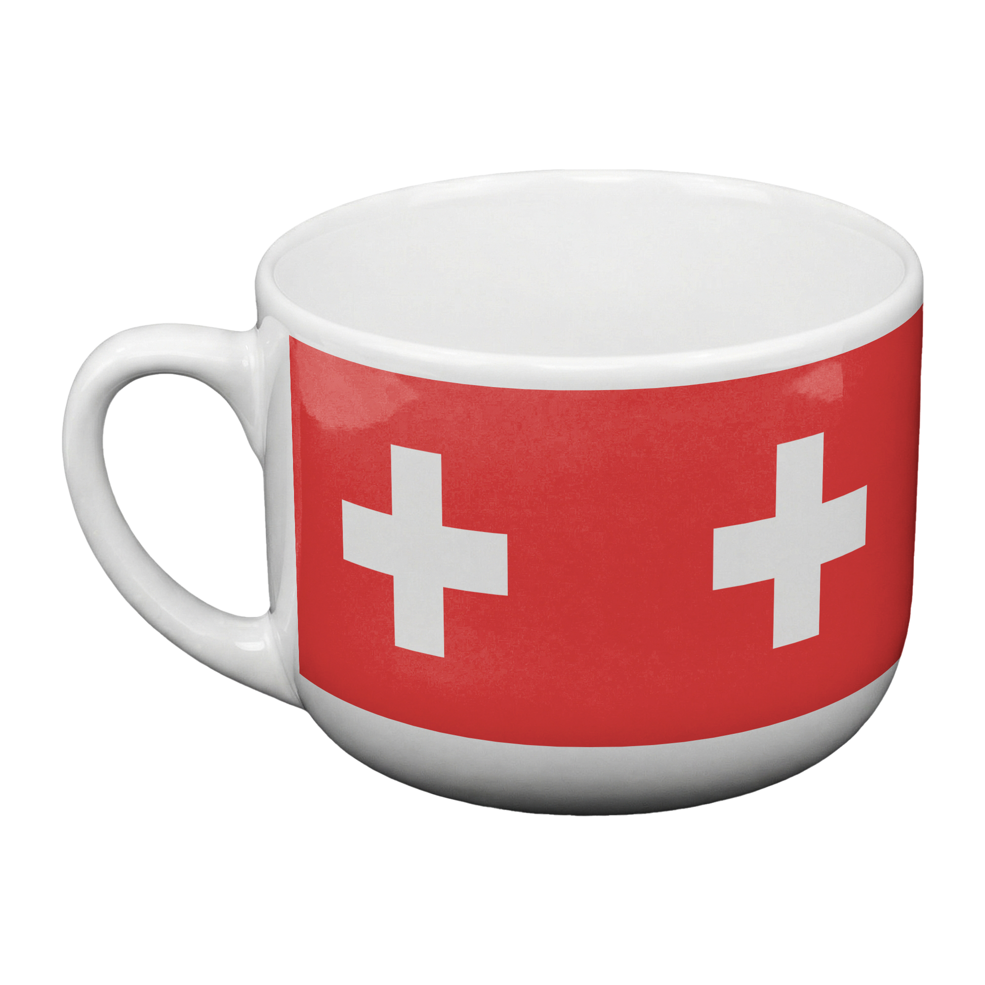 Close-up of Swiss cross detail on 25oz oversized ceramic coffee mug