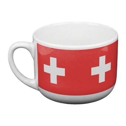 Close-up of Swiss cross detail on 25oz oversized ceramic coffee mug