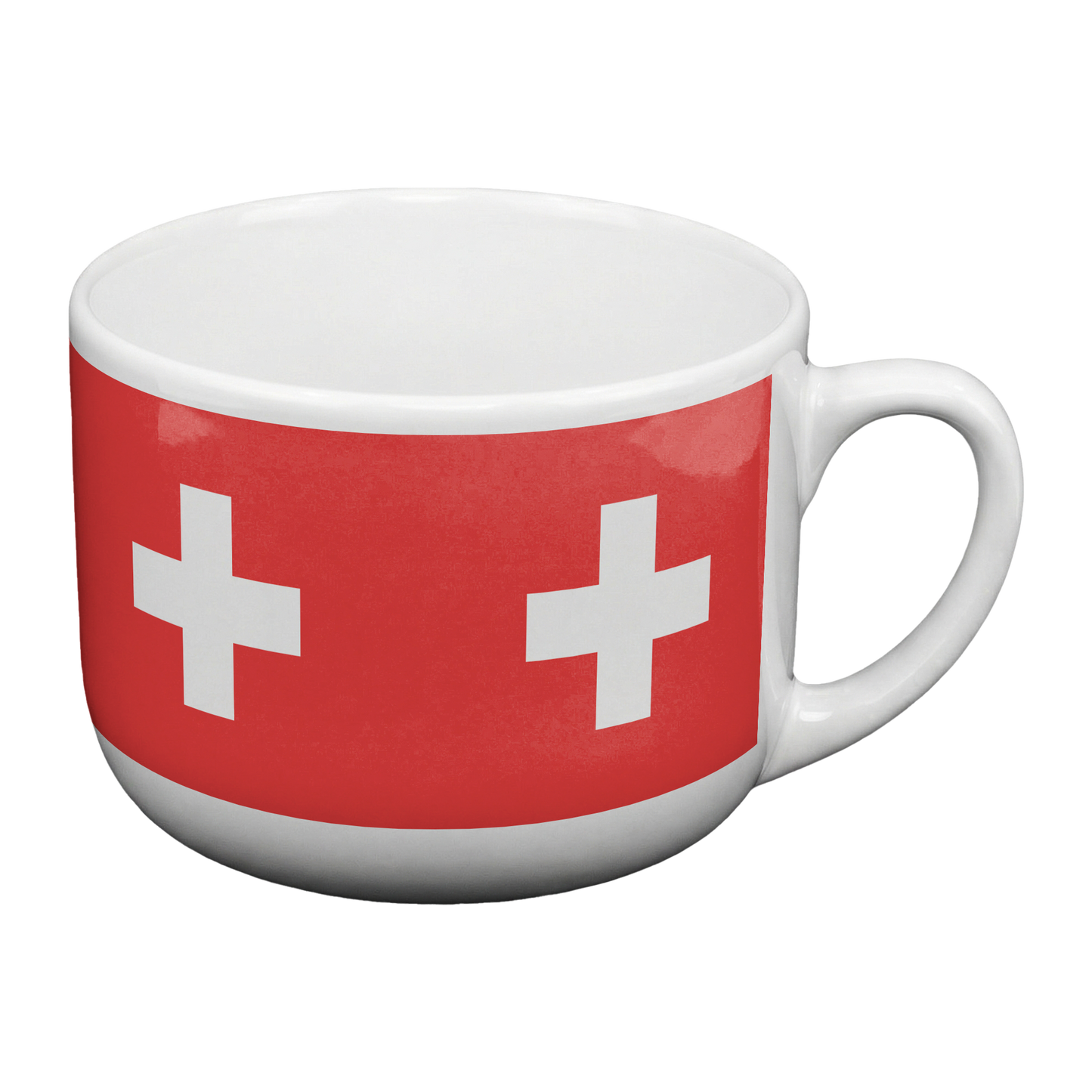 Side view of Swiss Flag 25oz latte mug showing handle and ceramic quality