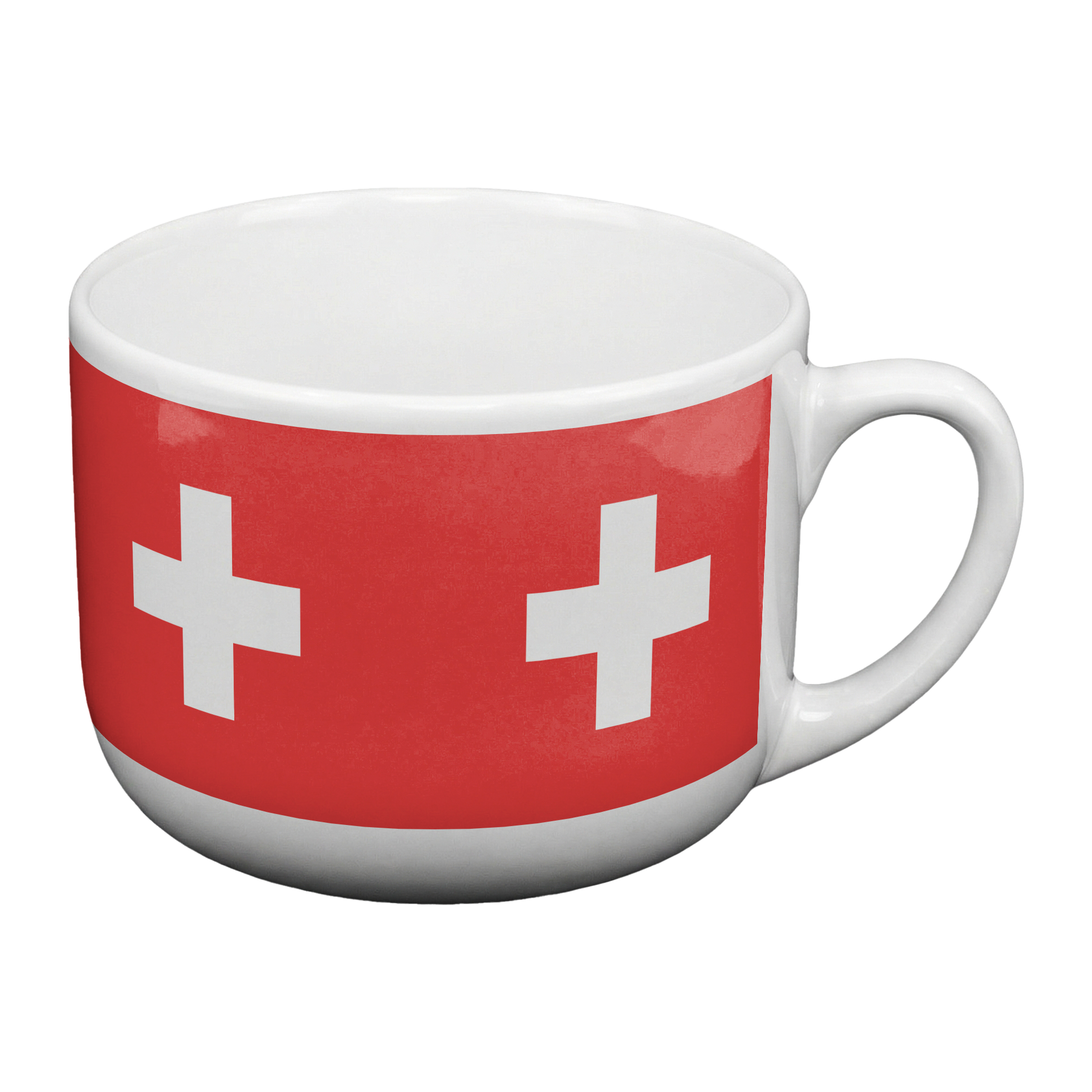 Side view of Swiss Flag 25oz latte mug showing handle and ceramic quality