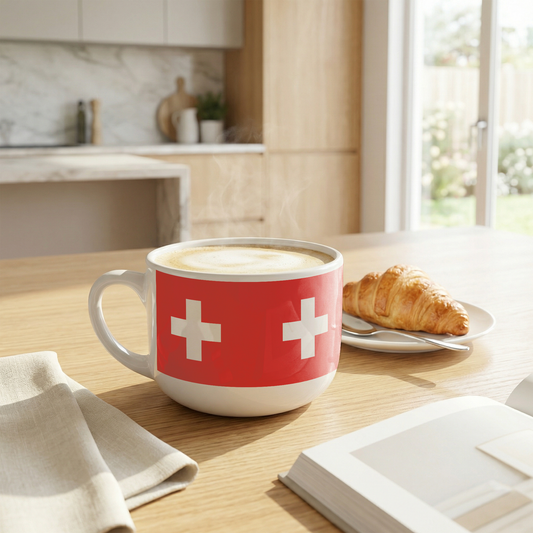 Swiss Flag 25oz latte mug with bold red and white Swiss cross design on white background
