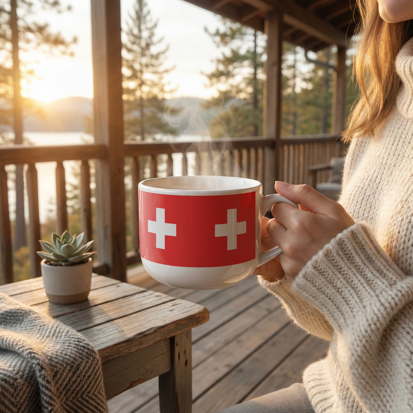 Swiss Flag latte mug front view showing full Swiss cross print on premium white ceramic